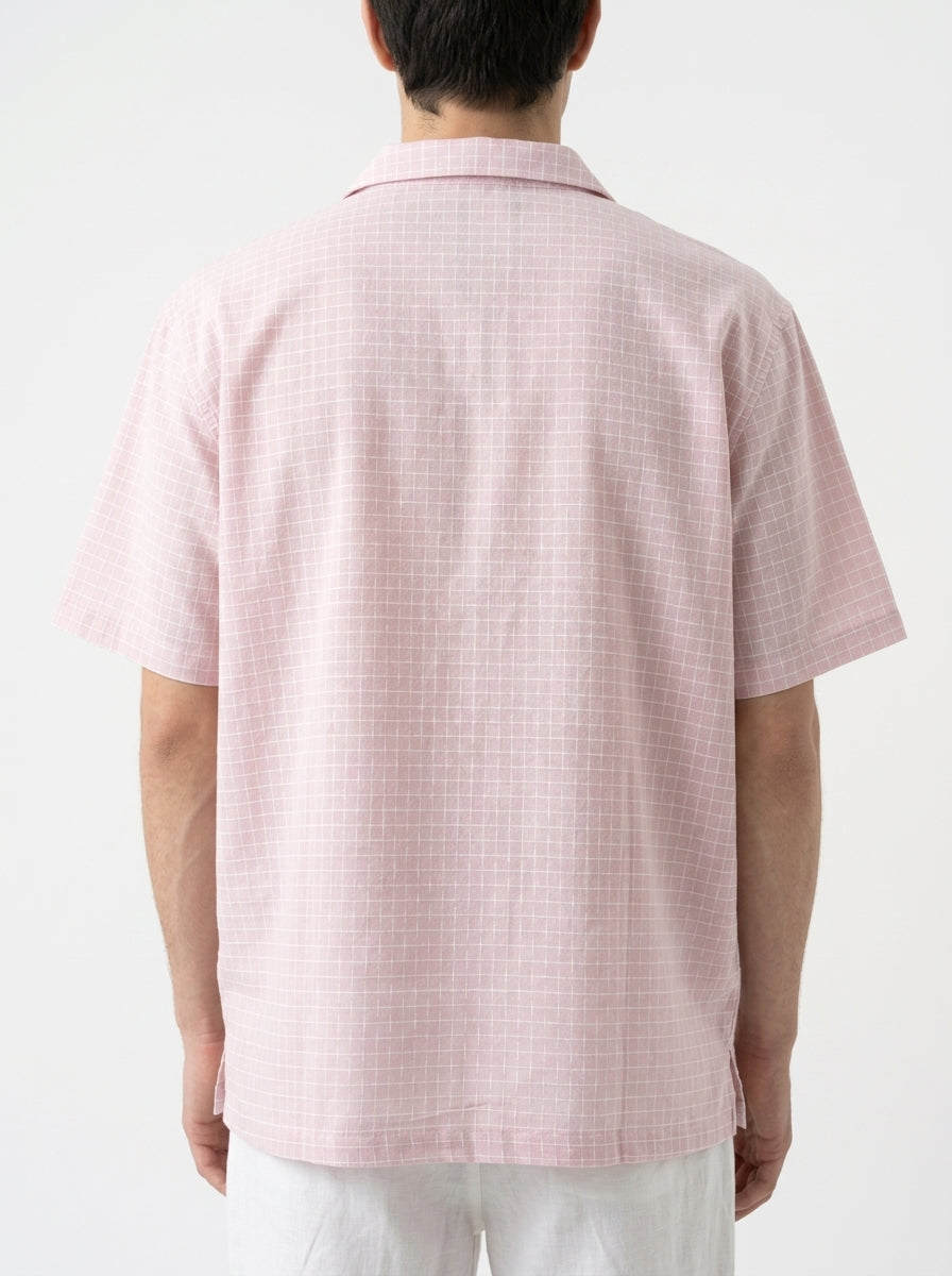 Pink Cuban Collar Short Sleeves Checked Cotton Oversized Men's Shirt