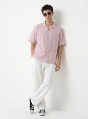Pink Cuban Collar Short Sleeves Checked Cotton Oversized Men's Shirt