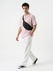 Pink Cuban Collar Short Sleeves Checked Cotton Oversized Men's Shirt
