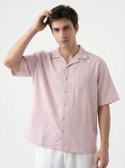 Pink Cuban Collar Short Sleeves Checked Cotton Oversized Men's Shirt