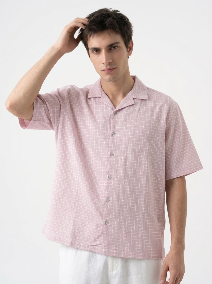 Pink Cuban Collar Short Sleeves Checked Cotton Oversized Men's Shirt