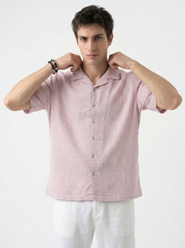 Pink Cuban Collar Short Sleeves Checked Cotton Oversized Men's Shirt