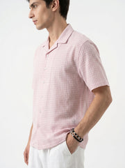 Pink Cuban Collar Short Sleeves Checked Cotton Oversized Men's Shirt