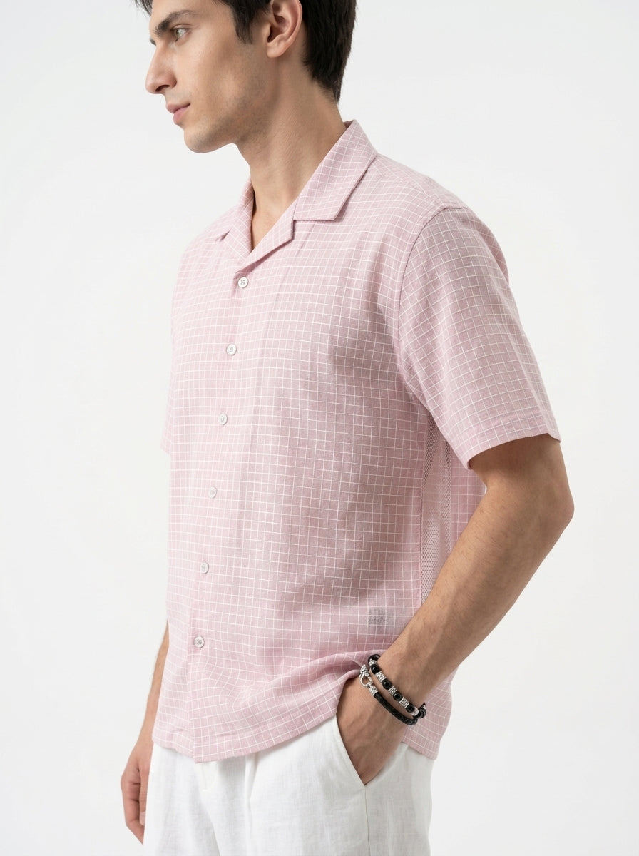 Pink Cuban Collar Short Sleeves Checked Cotton Oversized Men's Shirt