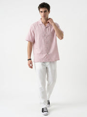 Pink Cuban Collar Short Sleeves Checked Cotton Oversized Men's Shirt