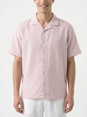 Pink Cuban Collar Short Sleeves Checked Cotton Oversized Men's Shirt