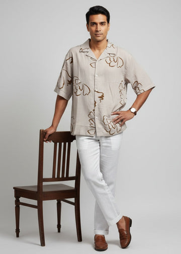 Beige Abstract Print Pure Cotton Cuban Collar Men's Shirt