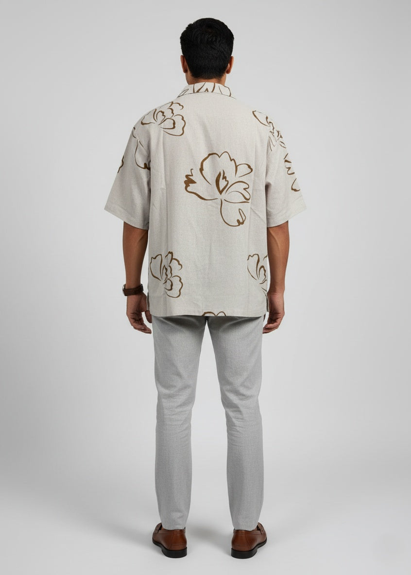 Beige Abstract Print Pure Cotton Cuban Collar Men's Shirt