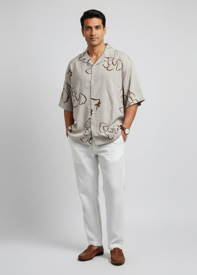 Beige Abstract Print Pure Cotton Cuban Collar Men's Shirt