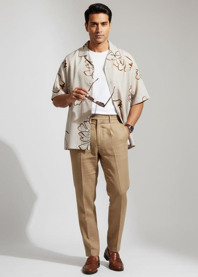 Beige Abstract Print Pure Cotton Cuban Collar Men's Shirt