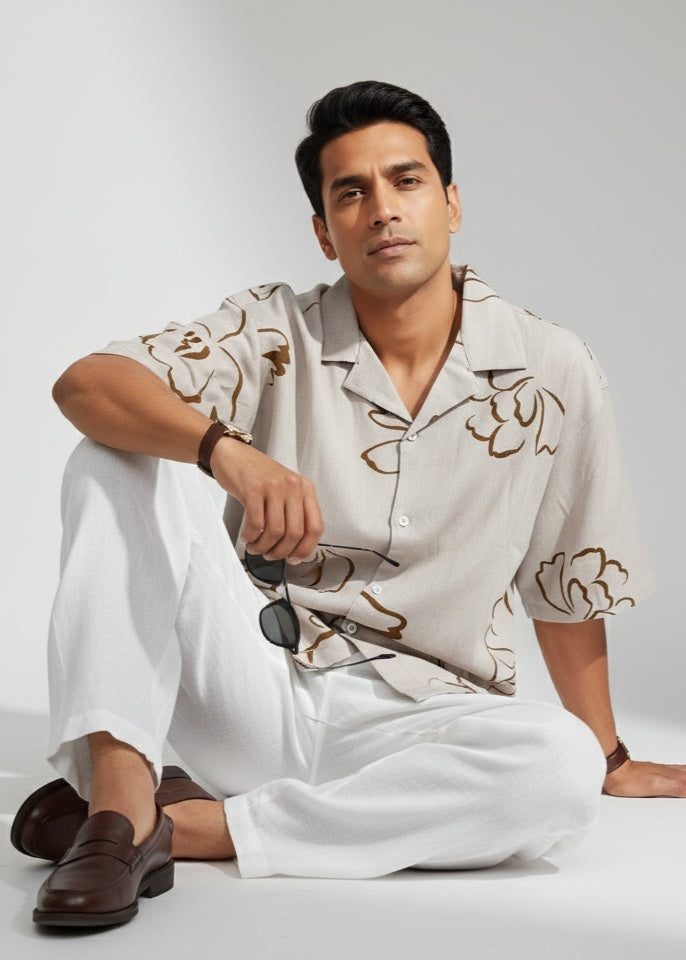 Beige Abstract Print Pure Cotton Cuban Collar Men's Shirt