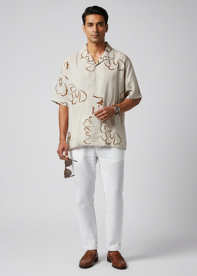 Beige Abstract Print Pure Cotton Cuban Collar Men's Shirt