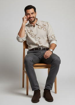 Beige Floral Print Cotton Spread Collar Casual Men's Shirt