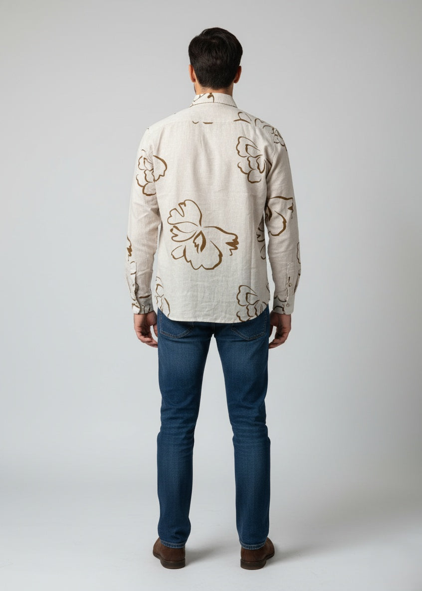 Beige Abstract Print Cotton Spread Collar Casual Men's Shirt