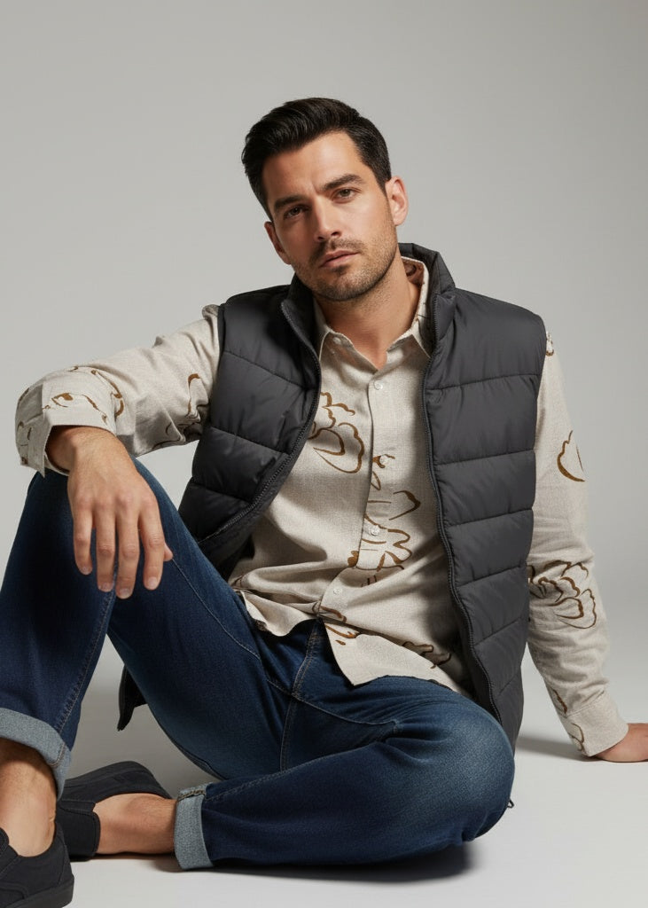 Beige Abstract Print Cotton Spread Collar Casual Men's Shirt