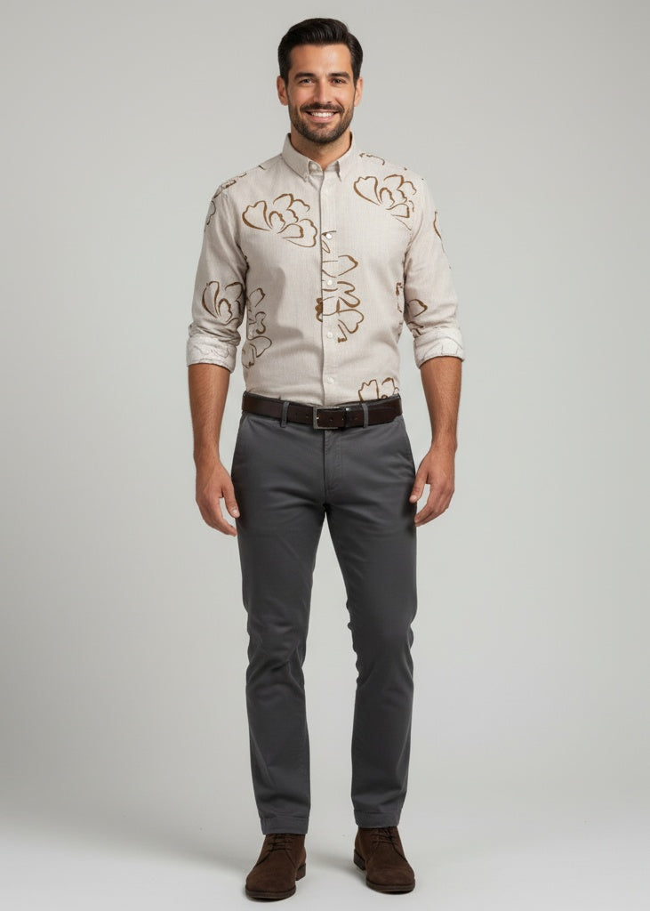 Beige Abstract Print Cotton Spread Collar Casual Men's Shirt
