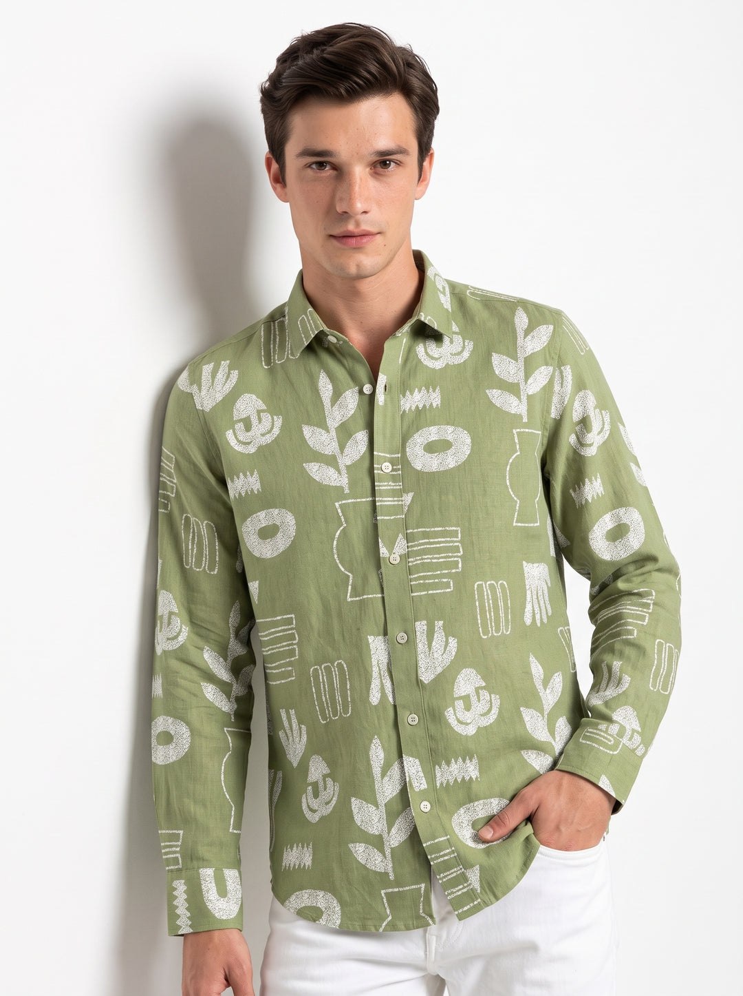 Sage Green Band Collar Abstract Botanical Print Cotton Casual Men's Shirt