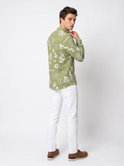 Sage Green Band Collar Abstract Botanical Print Cotton Casual Men's Shirt