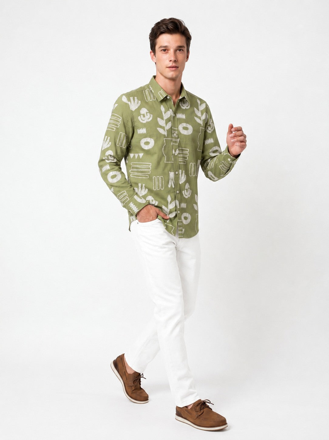 Sage Green Band Collar Abstract Botanical Print Cotton Casual Men's Shirt