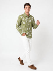 Sage Green Band Collar Abstract Botanical Print Cotton Casual Men's Shirt