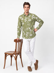 Sage Green Band Collar Abstract Botanical Print Cotton Casual Men's Shirt