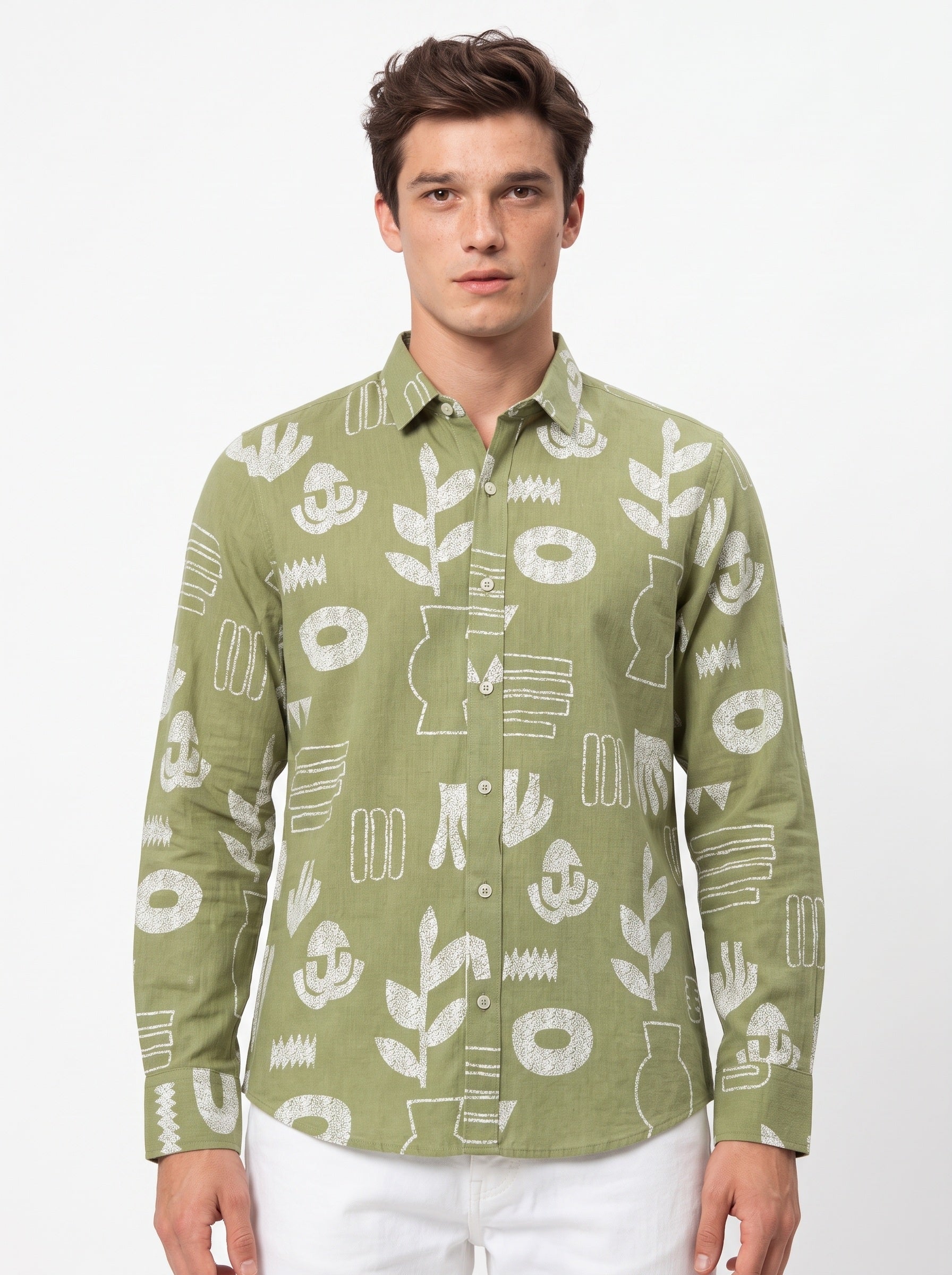 Sage Green Band Collar Abstract Botanical Print Cotton Casual Men's Shirt