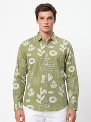 Sage Green Band Collar Abstract Botanical Print Cotton Casual Men's Shirt