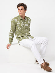 Sage Green Band Collar Abstract Botanical Print Cotton Casual Men's Shirt