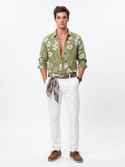 Sage Green Band Collar Abstract Botanical Print Cotton Casual Men's Shirt