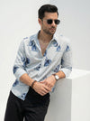 Blue Conversational Print Cotton Band Collar Men's Shirt