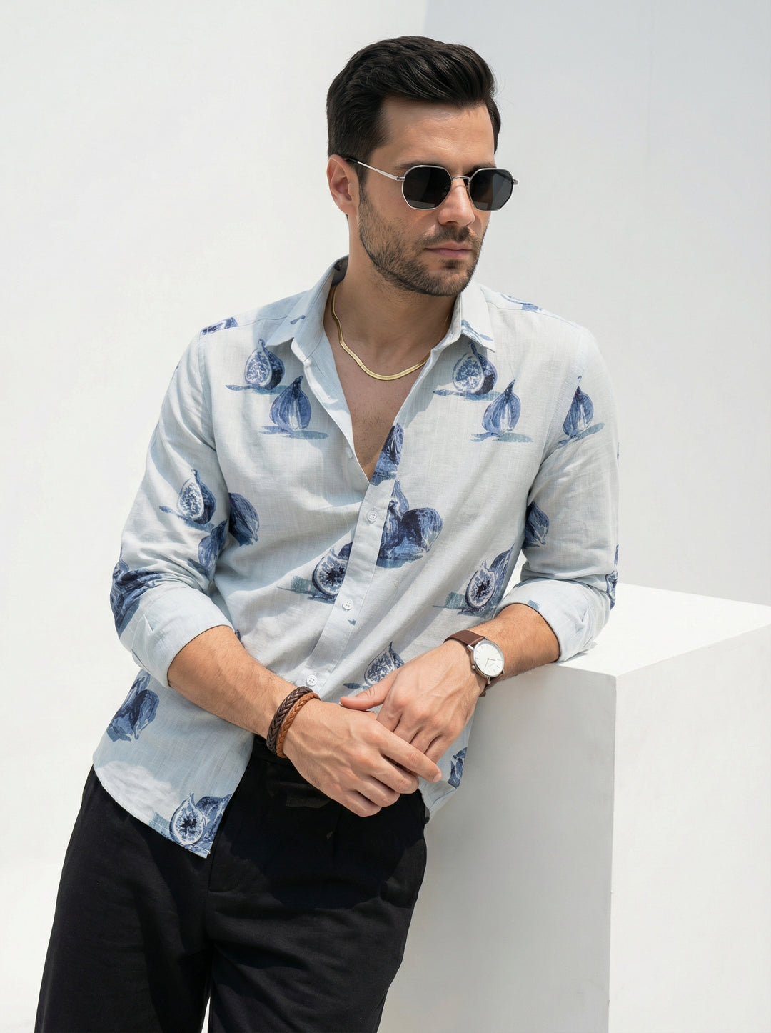 Blue Conversational Print Cotton Band Collar Men's Shirt