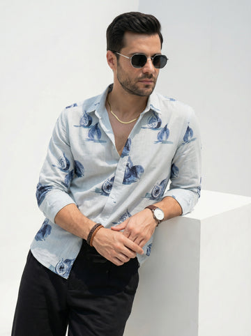 Blue Band Collar Conversational Print Cotton Men's Shirt