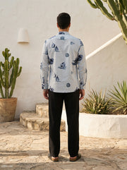 Blue Conversational Print Cotton Band Collar Men's Shirt