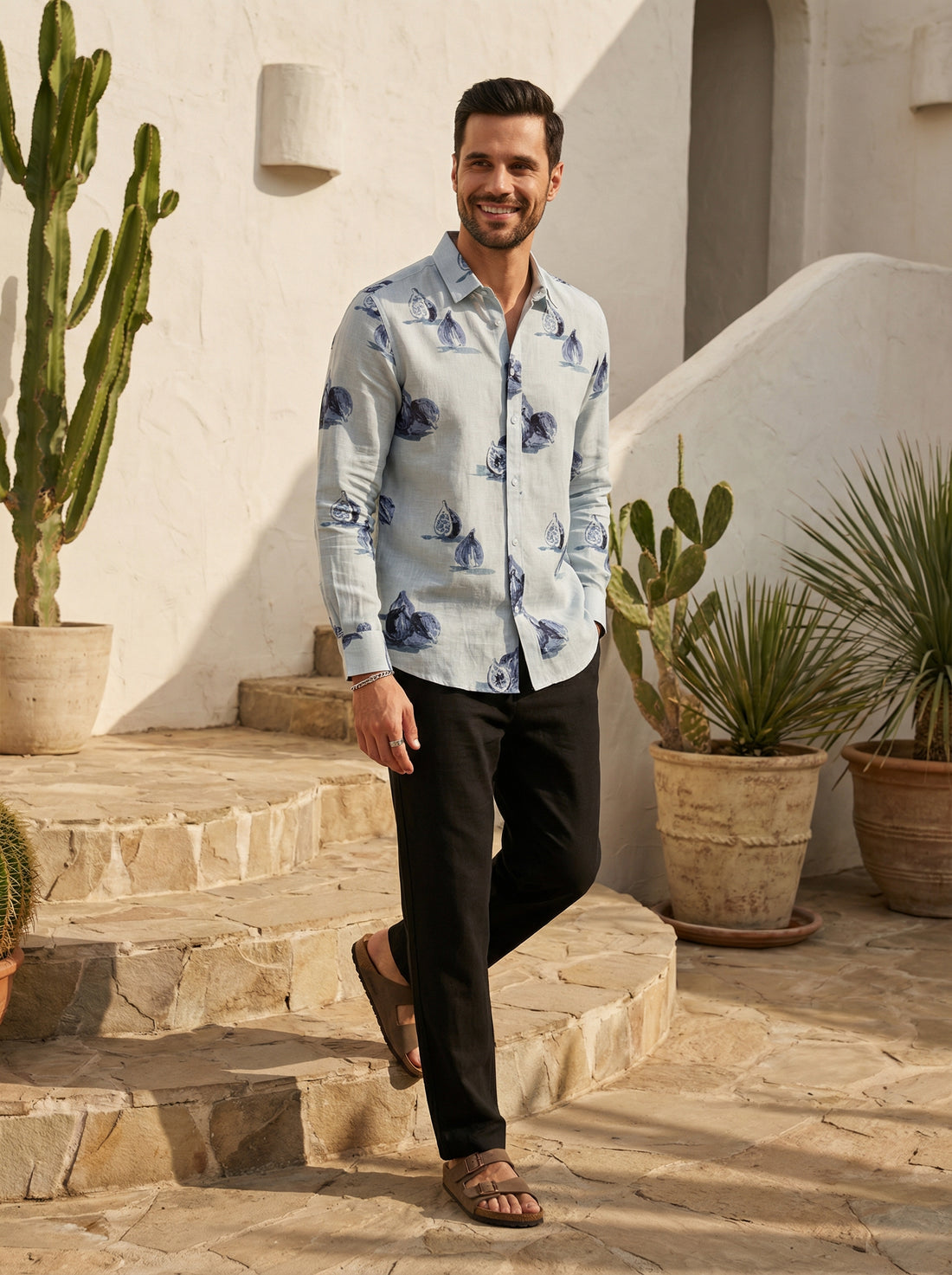 Blue Band Collar Conversational Print Cotton Men's Shirt