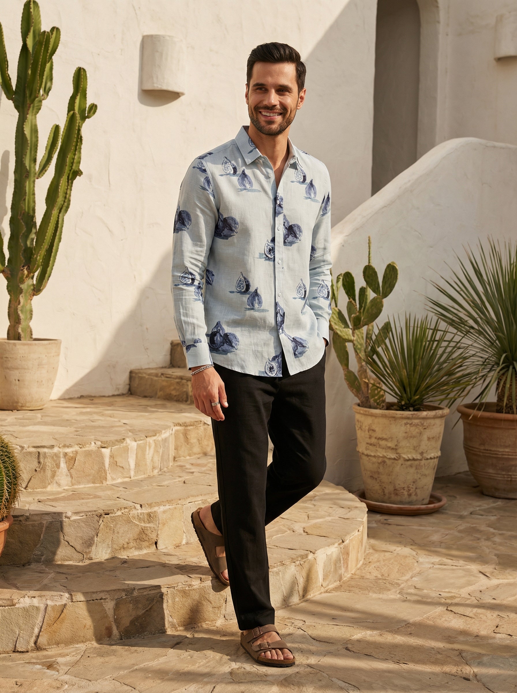 Blue Band Collar Conversational Print Cotton Men's Shirt