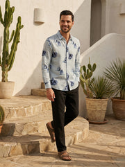Blue Conversational Print Cotton Band Collar Men's Shirt