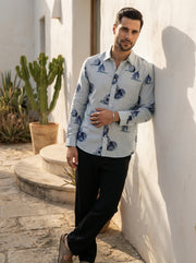 Blue Conversational Print Cotton Band Collar Men's Shirt