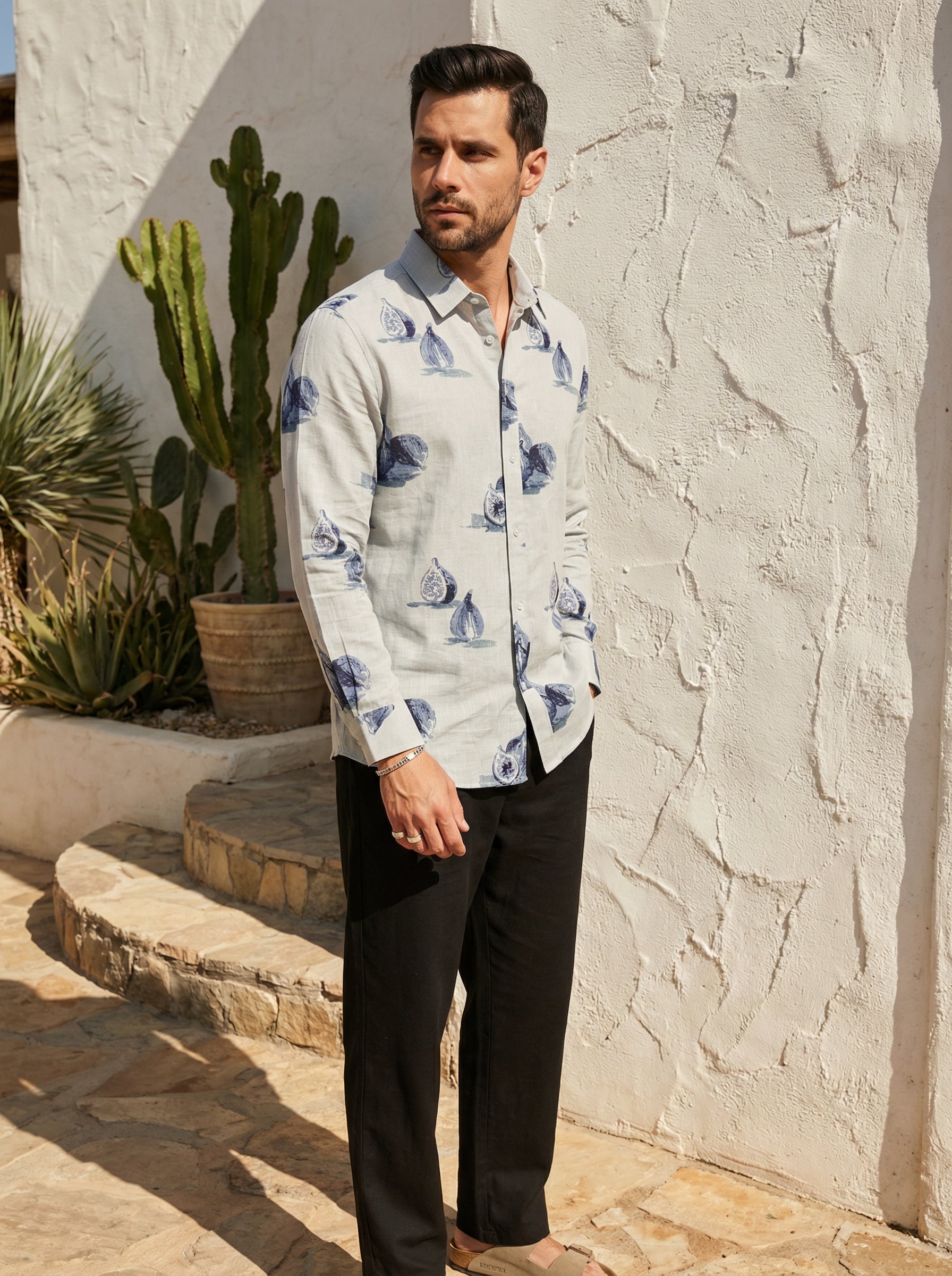 Blue Band Collar Conversational Print Cotton Men's Shirt