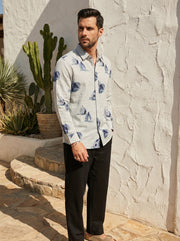 Blue Conversational Print Cotton Band Collar Men's Shirt