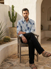 Blue Conversational Print Cotton Band Collar Men's Shirt