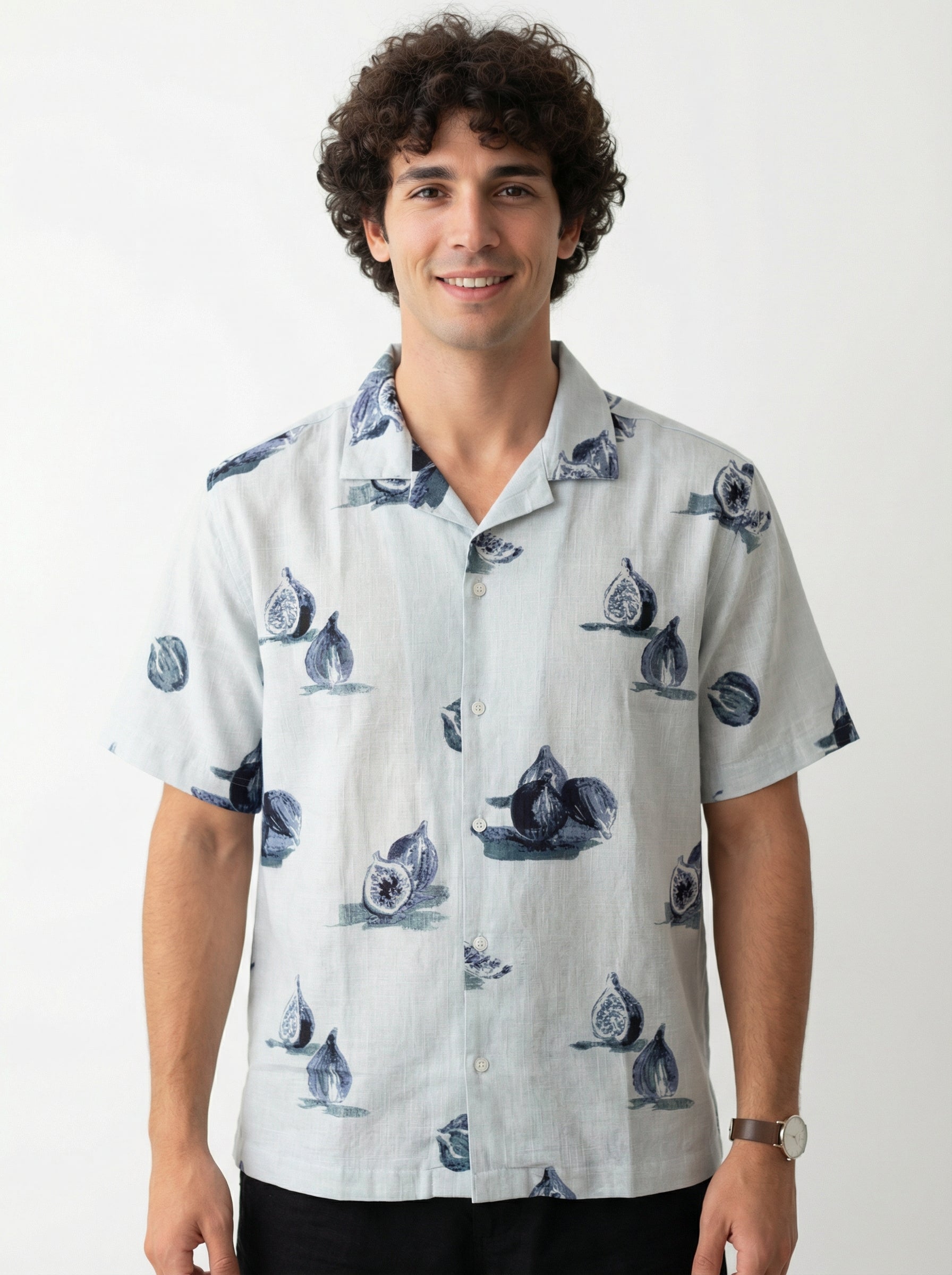 Blue Cuban Collar Conversational Print Cotton Men's Shirt