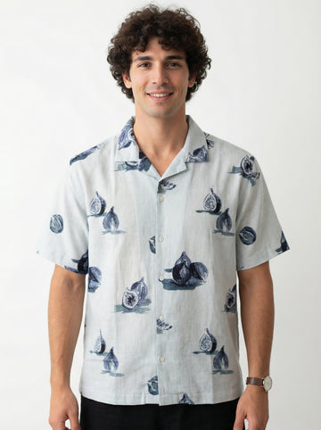 Blue Cuban Collar Conversational Print Cotton Men's Shirt