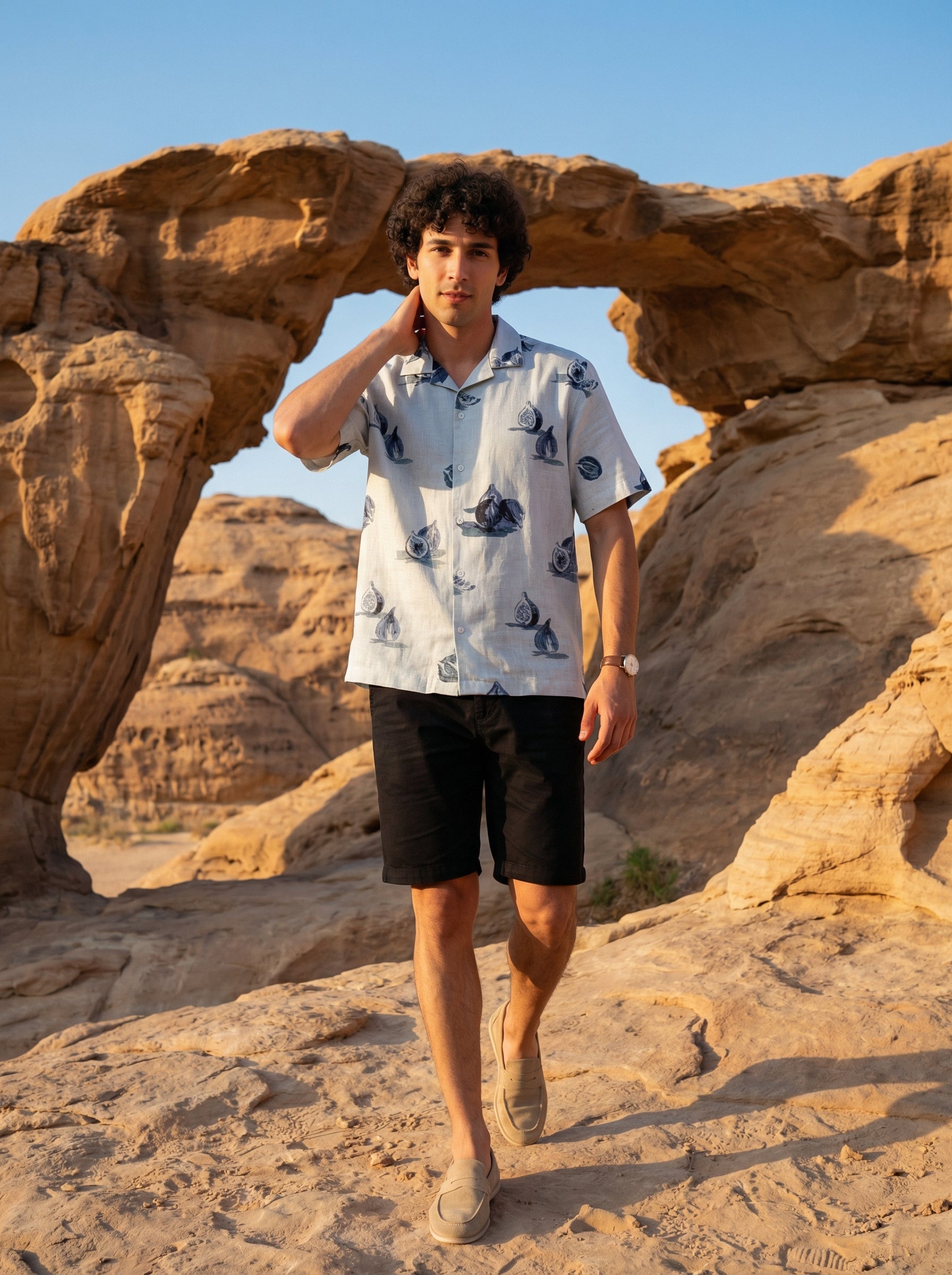 Blue Cuban Collar Conversational Print Cotton Men's Shirt