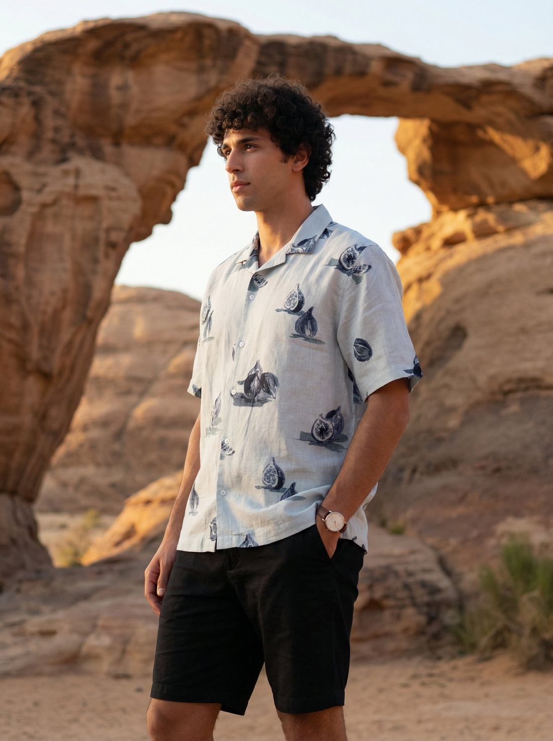 Blue Cuban Collar Conversational Print Cotton Men's Shirt