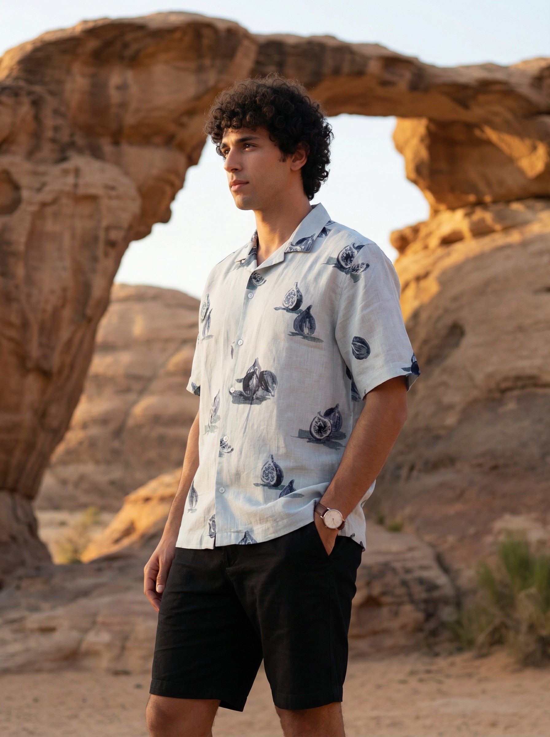 Blue Cuban Collar Conversational Print Cotton Men's Shirt