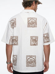 Off White & Brown Block Print Band Collar Cotton Casual Men's Shirt