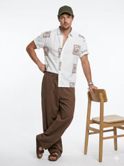 Off White & Brown Block Print Band Collar Cotton Casual Men's Shirt