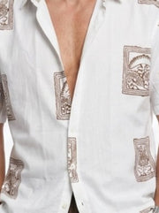 Off White & Brown Block Print Band Collar Cotton Casual Men's Shirt