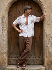 Off White & Brown Block Print Band Collar Cotton Casual Men's Shirt