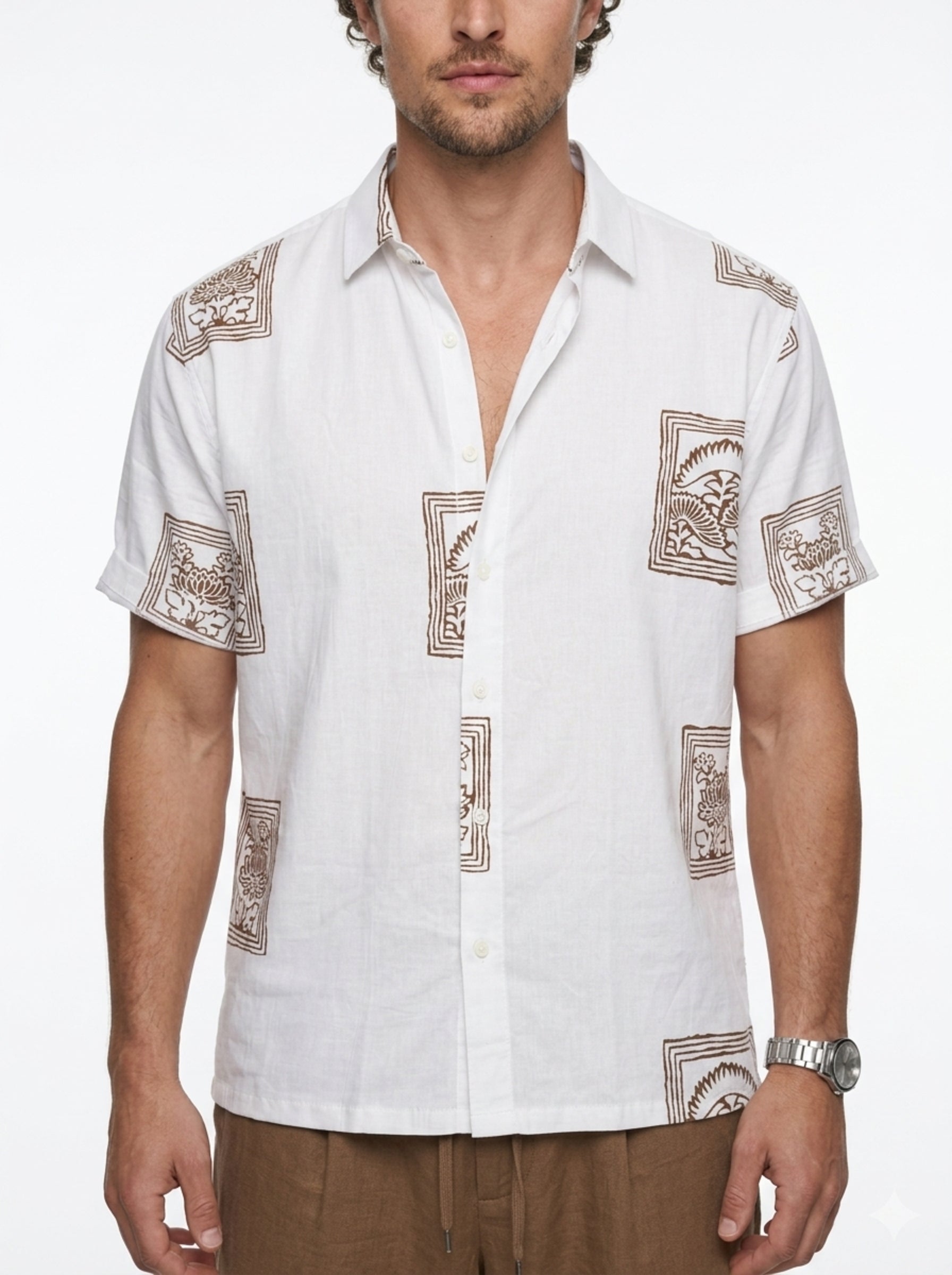 Off White & Brown Block Print Band Collar Cotton Casual Men's Shirt